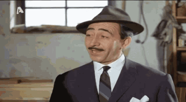 a man in a suit and hat has the letter a on the bottom right