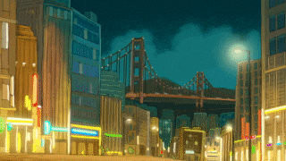 a pixel art of a city at night with a bridge