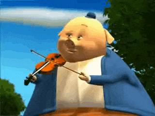 a cartoon pig is playing a violin in front of trees .