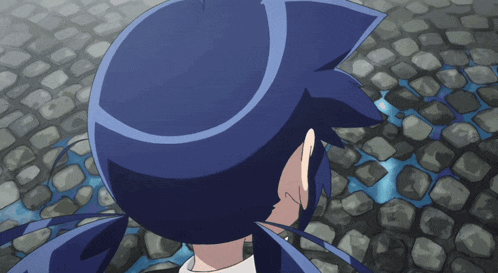 a cartoon character with blue hair is standing on a stone floor