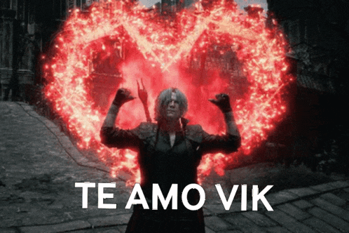 a man flexing his muscles in front of a red heart that says te amo vik on it