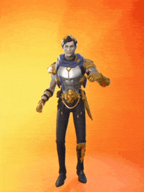 a man in a knight 's outfit is standing on an orange background