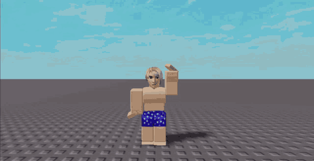 a cartoon character wearing blue shorts with white stars on them