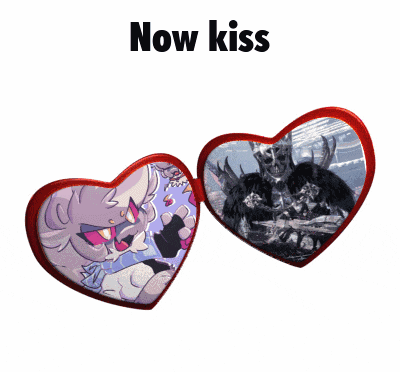 a heart shaped locket with a picture of a monster and the words now kiss