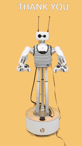 a robot on a yellow background with the words thank you