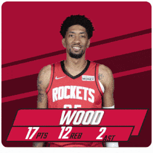 a rockets player named wood has 17 points and 12 reb