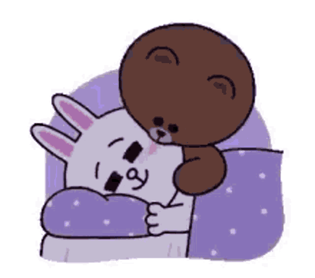 a brown bear and a white rabbit are hugging each other on a bed .