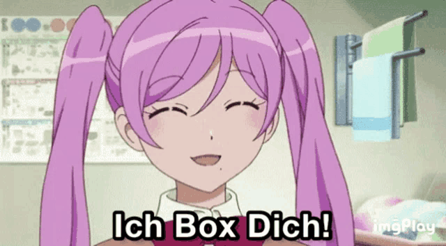 a girl with purple pigtails is smiling and says ich box dich