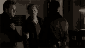 a man and a woman are shaking hands in a dark room .