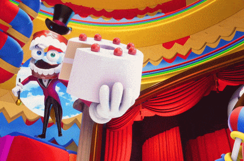 a cartoon character in a top hat is holding a cake