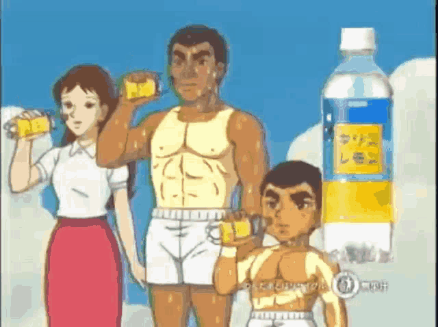 a cartoon of a man a woman and a boy with a bottle of lemon soda