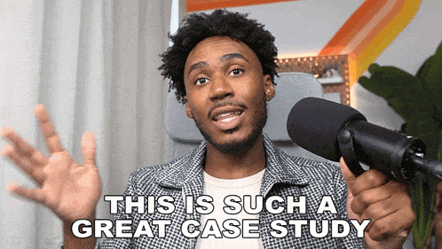 a man holding a microphone with the words " this is such a great case study " behind him