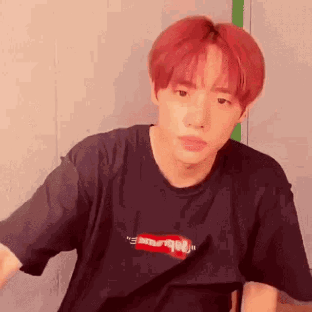 a young man with red hair is wearing a black t-shirt with supreme on it .
