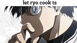 a close up of a man 's face with the words `` let ryo cook ts '' written on it .
