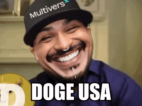 a man wearing a hat that says " multivers " is smiling and says " doge usa "