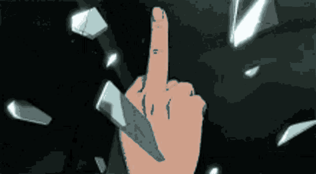 a hand is holding a knife and giving the middle finger .