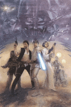 a painting of star wars characters with darth vader behind them