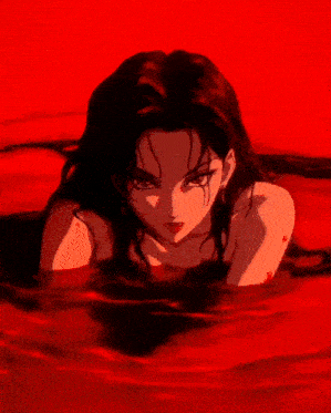 a woman is swimming in a pool of blood