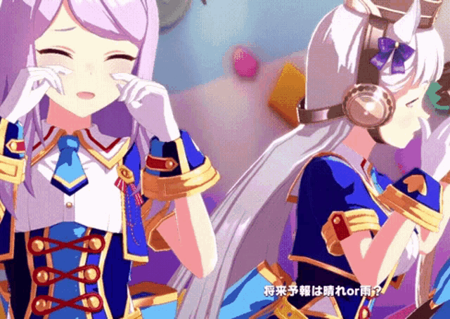 a girl with purple hair is crying while another girl with white hair is laughing