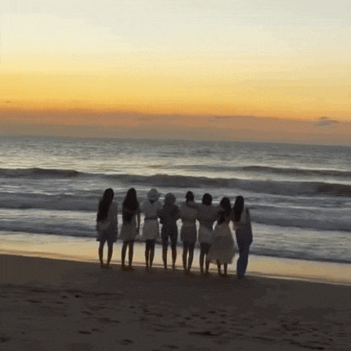 a group of people standing on a beach looking at the ocean at sunset