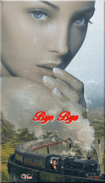 a picture of a woman and a train with bye bye written on it