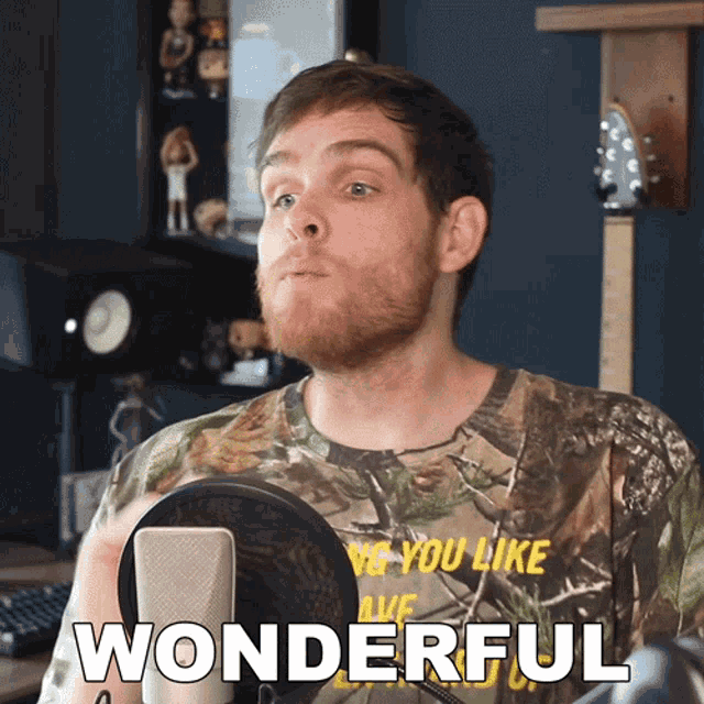 a man with a beard wearing a shirt that says wonderful