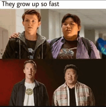 two young men are standing next to each other in a hallway and they grow up so fast .