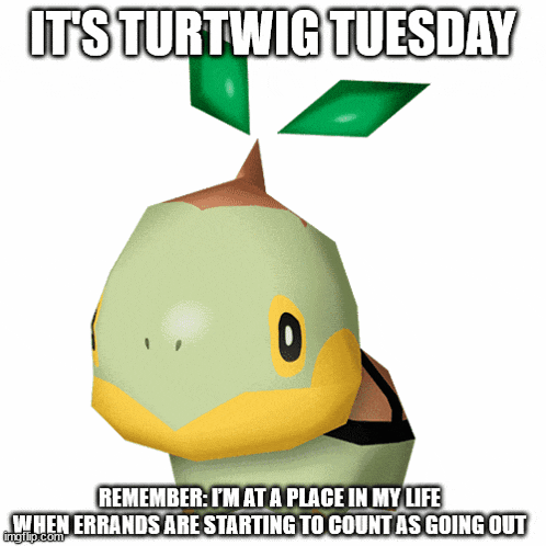 a cartoon turtle says it 's turtwig tuesday and has a green leaf coming out of its head