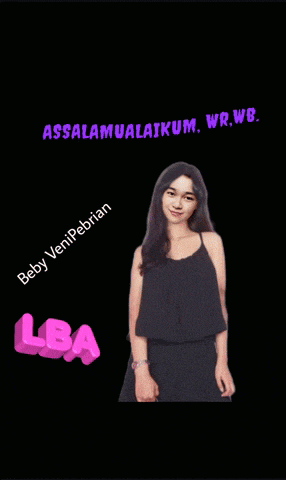 a woman in a black dress is standing in front of a black background with the words assalamualaikum wr.wb. above her