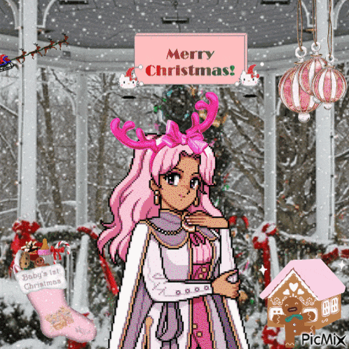 a pixel art drawing of a girl with pink hair and antlers says merry christmas