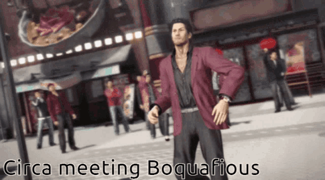 a man in a red jacket is standing in front of a sign that says circa meeting boquafiious