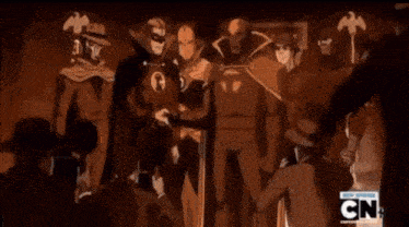 a group of cartoon characters are gathered in a room with cn hd written on the bottom