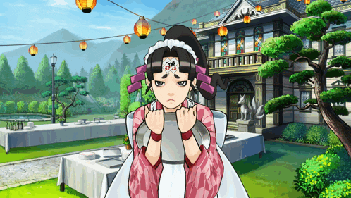 a cartoon drawing of a maid with a clock on her forehead