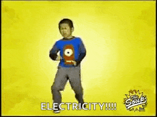 a young boy is dancing in front of a yellow background with the words `` electricity !!! '' .