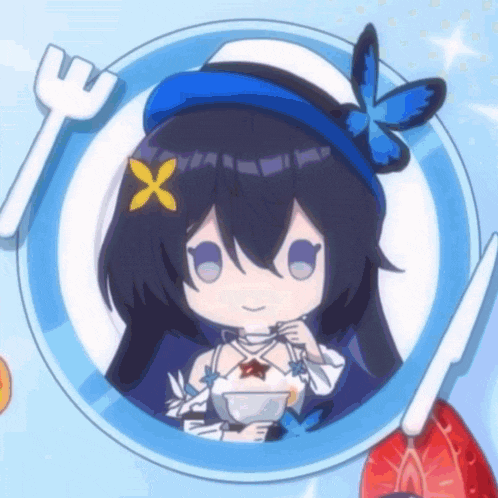 a girl with a butterfly on her head is sitting on a plate with a fork and knife