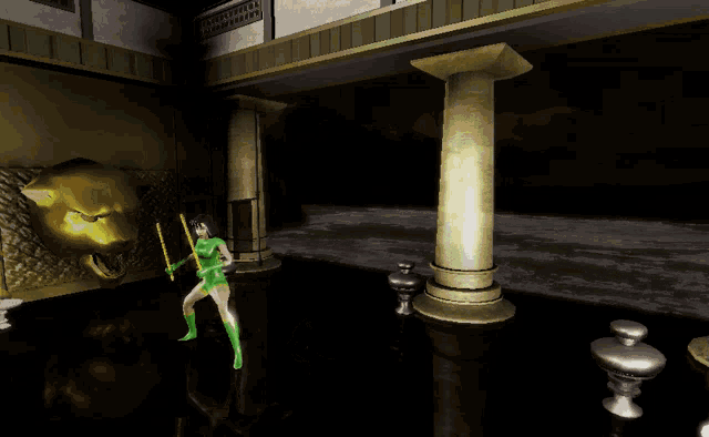 a woman in a green outfit is standing in a dark room
