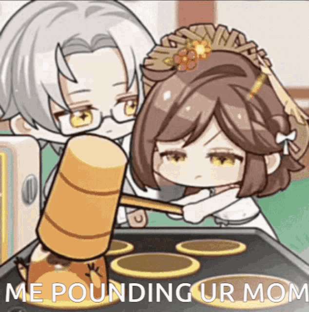 a man and a woman are playing a game with a hammer and the words me pounding ur mom