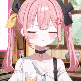 a girl with pink hair and a choker with a cross on it looks angry