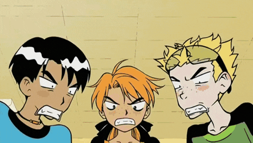 three cartoon characters are standing next to each other and one of them has a yellow hair