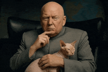 a bald man in a suit holds a hairless cat