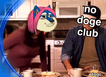 a man and a woman are sitting at a table with plates of food and a picture of a dog with the words no doge club