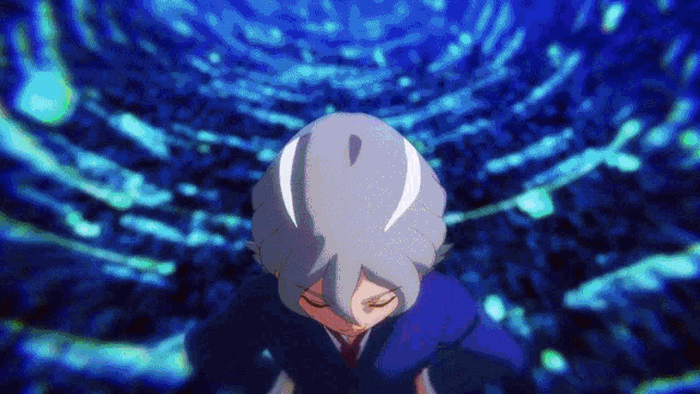a person with gray hair is standing in a dark room