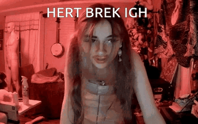 a woman in a room with the words hert brek igh written on the bottom