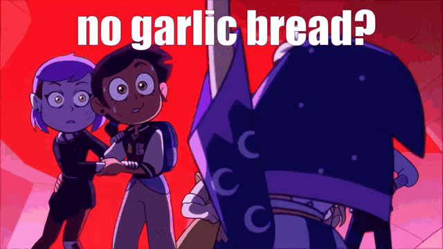 a cartoon character with the words no garlic bread on the bottom