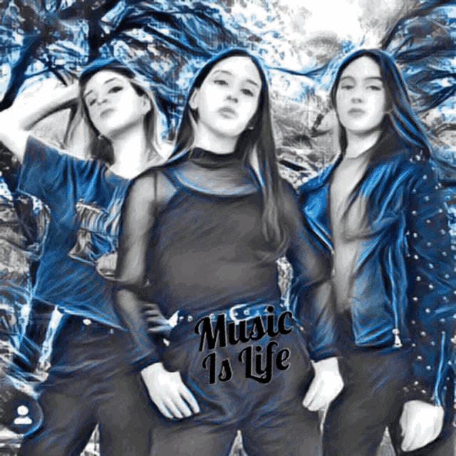 a painting of three girls with the words music is life