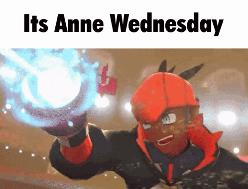 a cartoon character is holding a blue ball and the words " its anne wednesday " are above him