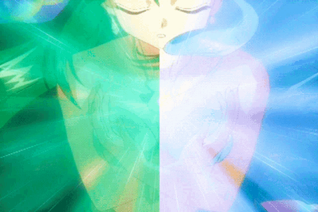 a green and purple anime character with a lightning bolt