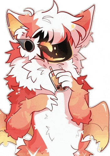 a cartoon drawing of a red and white furry animal drinking a bubble tea