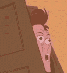 a cartoon character peeking out from behind a door .