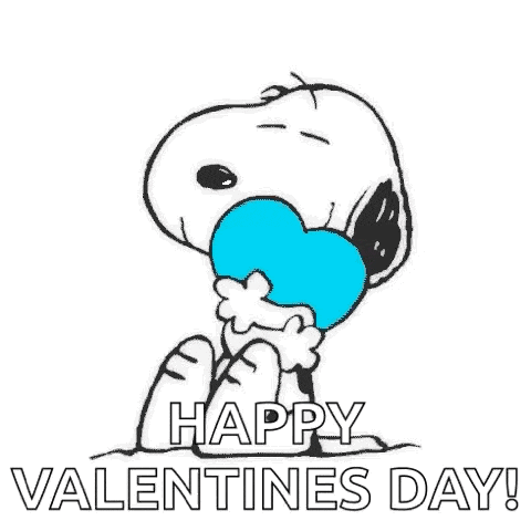 snoopy is holding a heart in his mouth and saying `` happy valentines day ! ''
